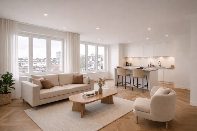 Strakke stuc- en verfafwerking in een gerenoveerd appartement.