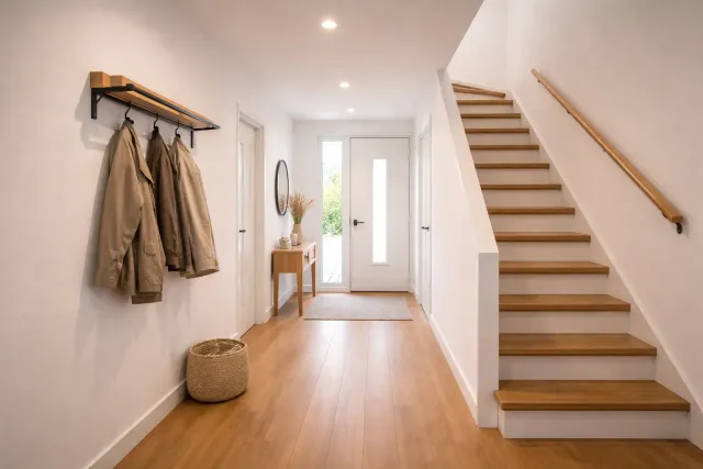 Strakke stuc en schilderafwerking in entreehal door TalentStuc.