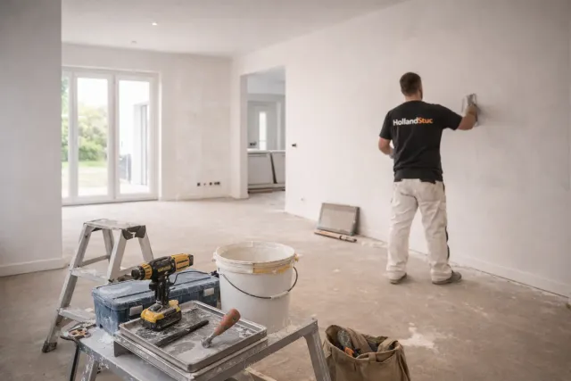 TalentStuc vakman bij nieuwbouwwoning met strak stucwerk.