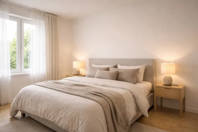 Schilderwerk in een luxe slaapkamer met strakke wanden en plafond.