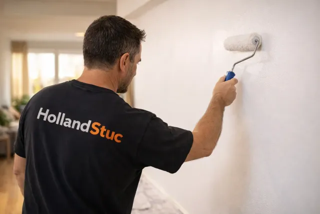 Schilder van TalentStuc die een wand en plafond schildert in een schone renovatieruimte.