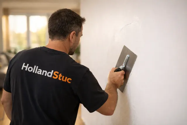 Stukadoor die wand stuct met een spaan voor een glad resultaat.